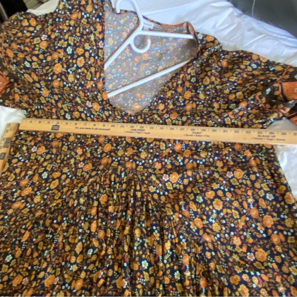 Cottagecore Black Orange Ditsy Floral Pleated Maxi Dress Tall Plus Size 26/28 - Picture 6 of 17